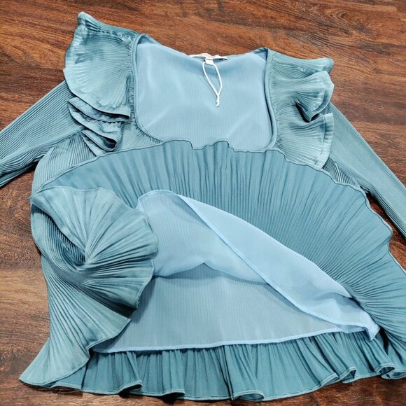 Derek Lam 10 Crosby Charis Pleated Ruffle Whimsy Top Long Bell Sleeves Blue S - Picture 15 of 15
